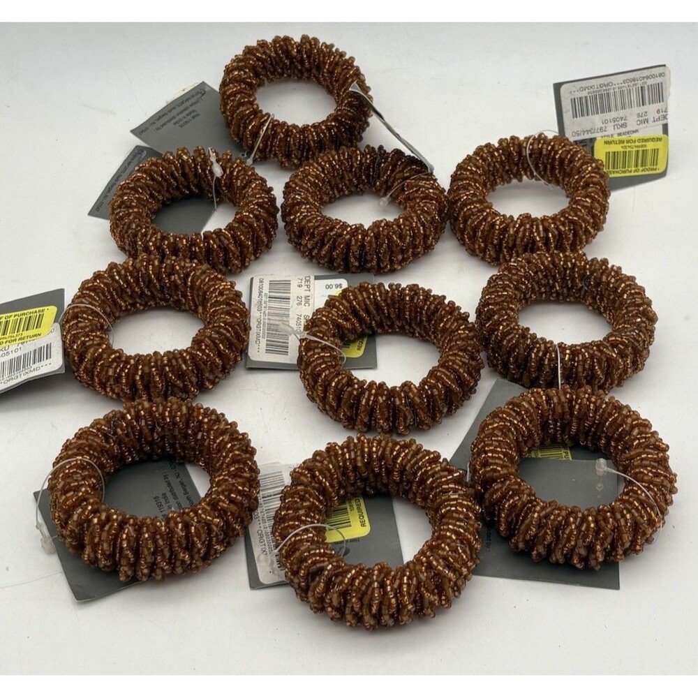 Aman Imports Glass Beaded Napkin Rings Amber Brown Heavy Set of 10 New